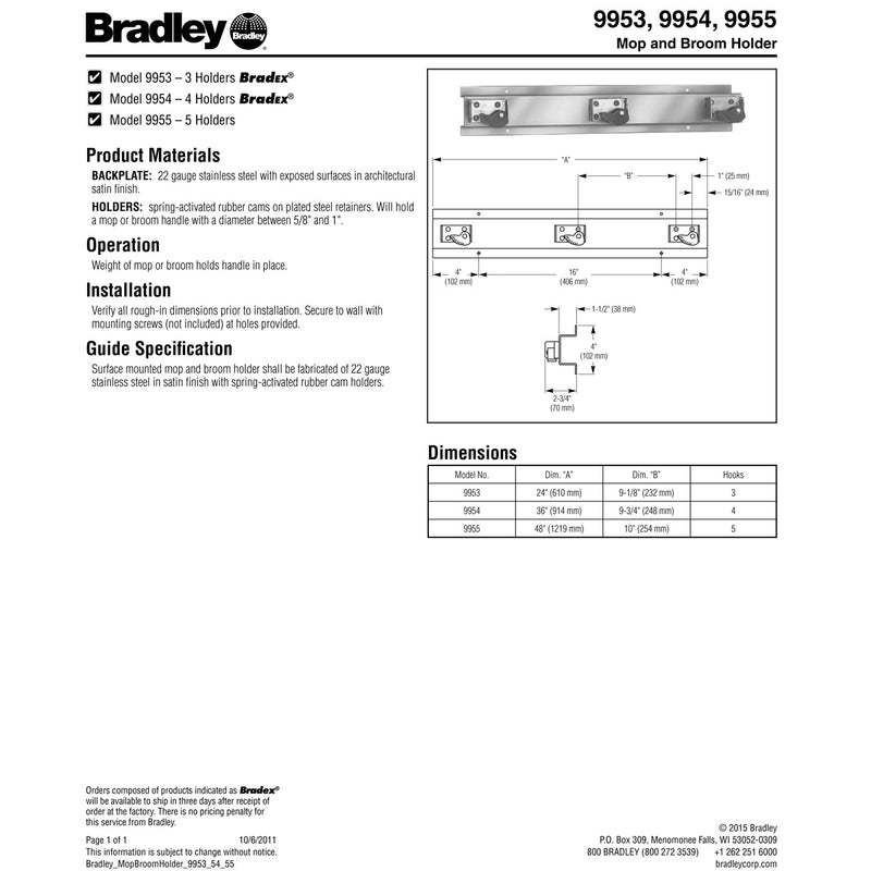 Bradley 9953-00 Commercial Mop & Broom Holder, 24" L x 4" H, Stainless Steel