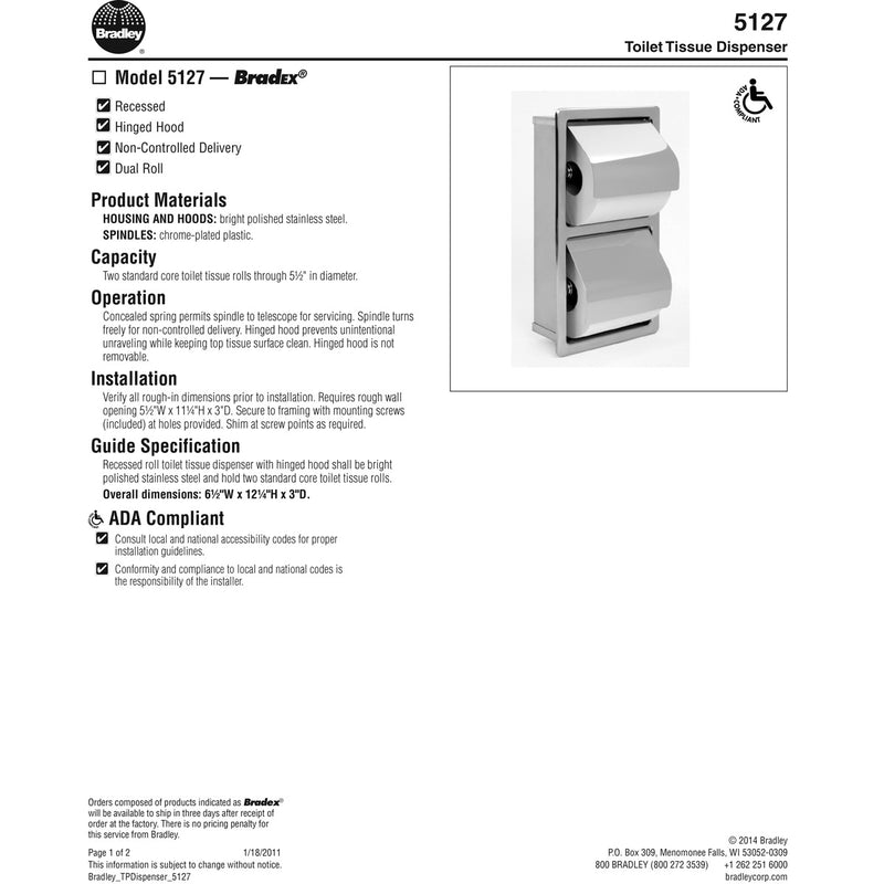 Bradley 5127-00 Commercial Toilet Paper Dispenser, Recessed-Mounted, Stainless Steel w/ Bright-Polished Finish