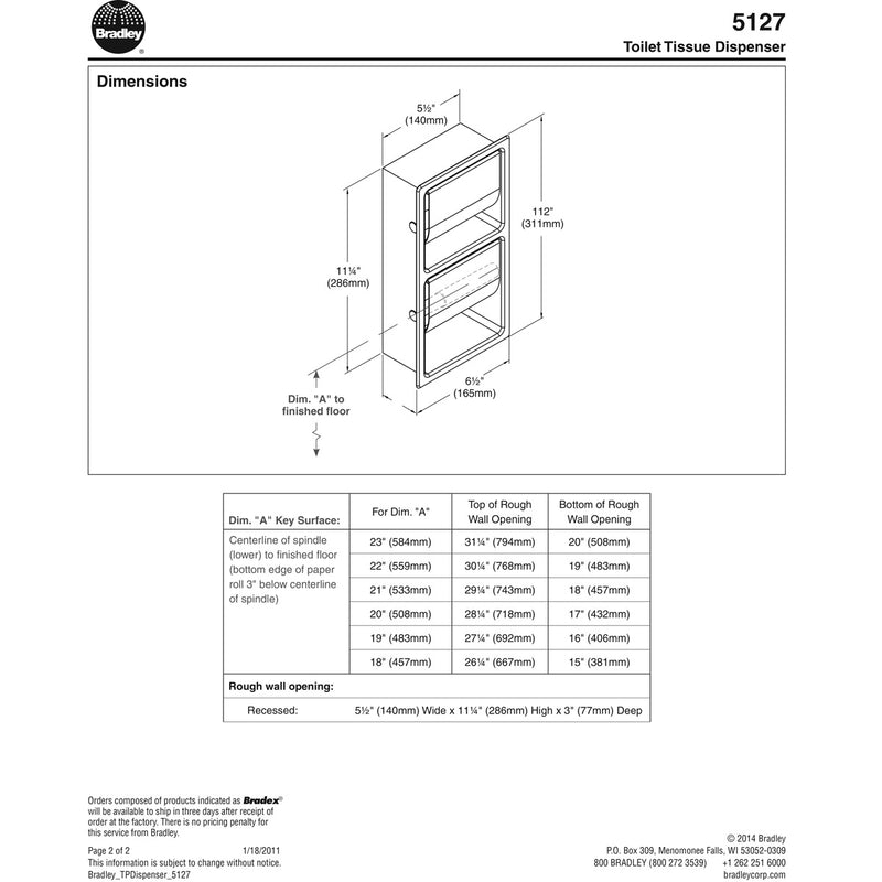 Bradley 5127-00 Commercial Toilet Paper Dispenser, Recessed-Mounted, Stainless Steel w/ Bright-Polished Finish