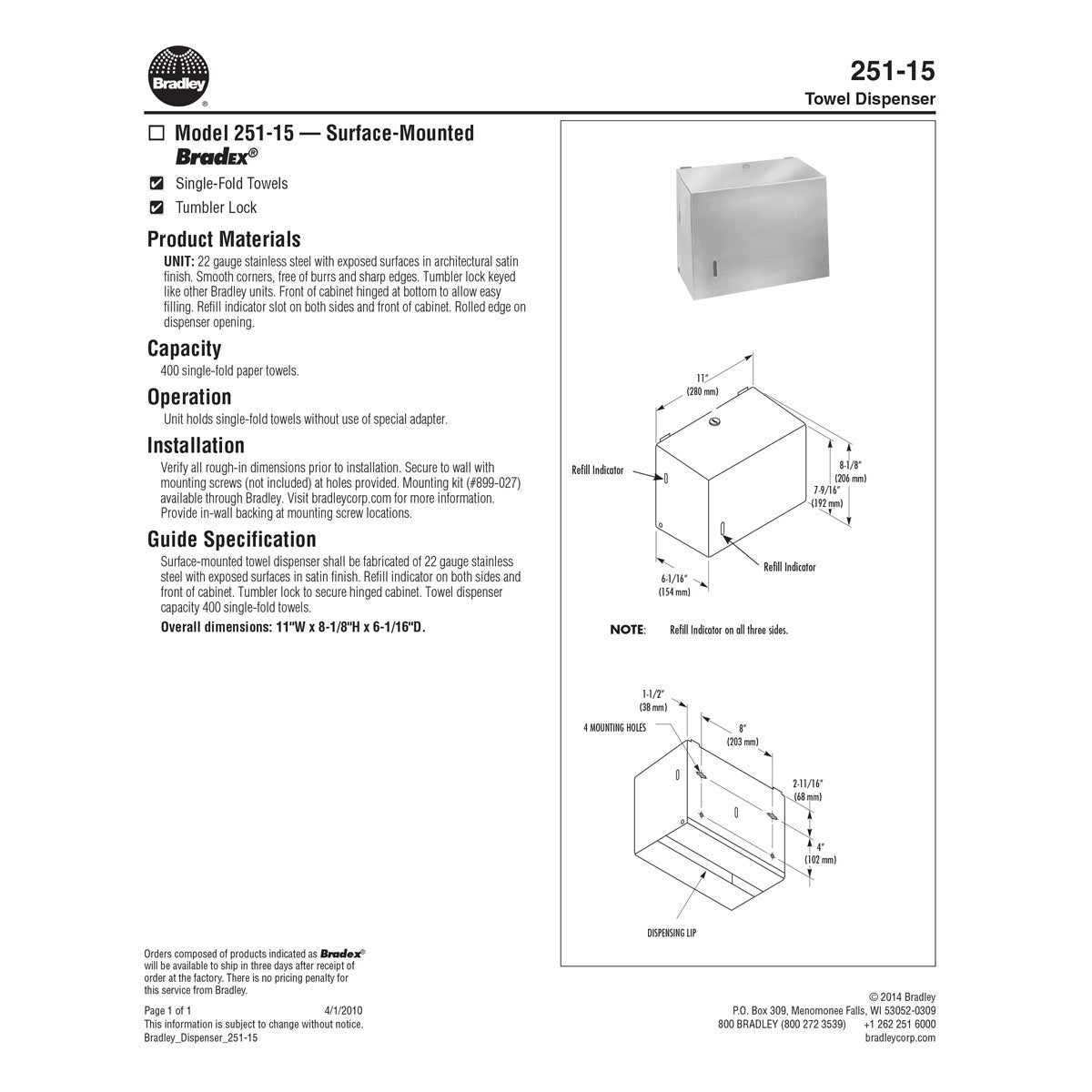 Bradley 251-15 Commercial BX-Paper Towel Dispenser, Surface-Mounted, Stainless Steel