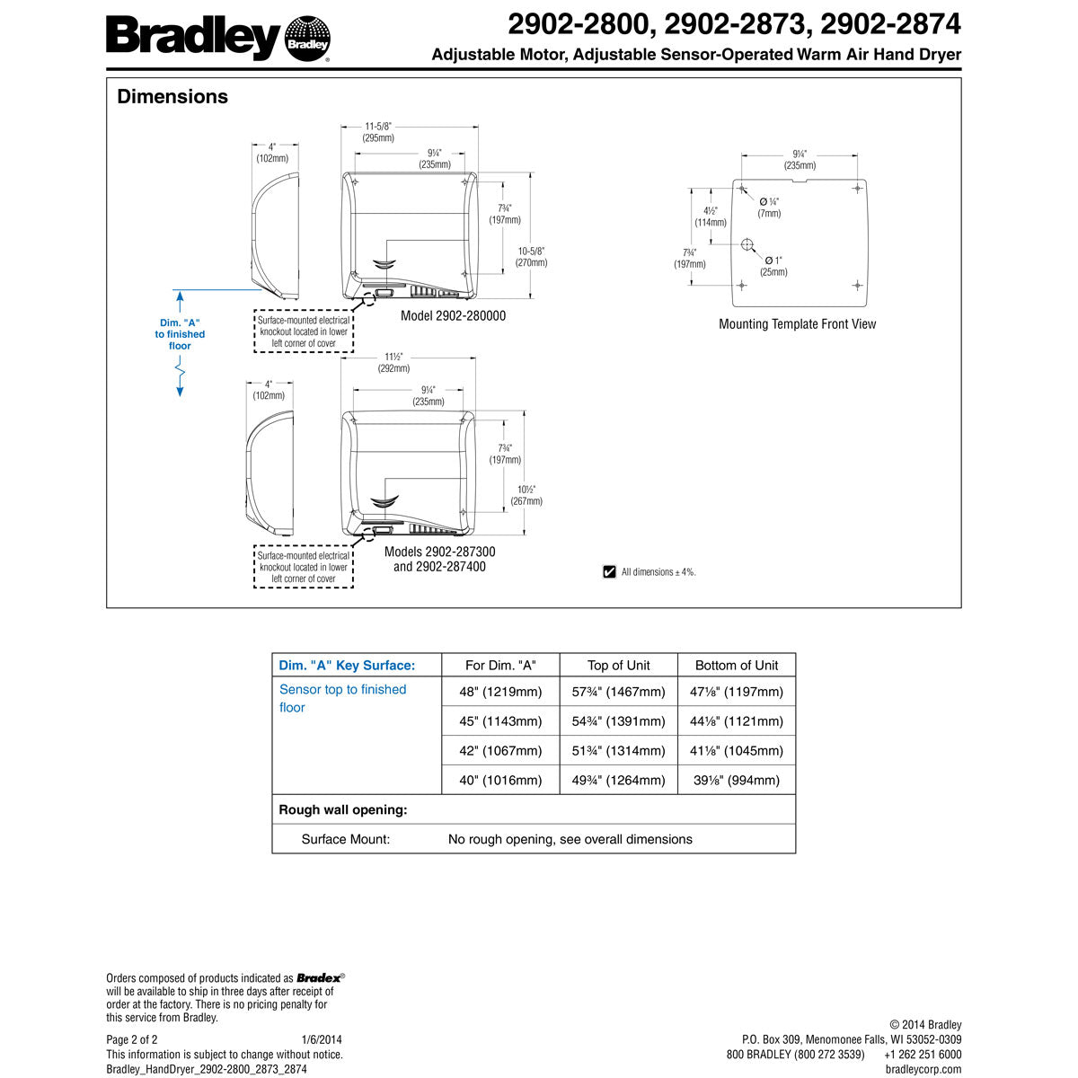 Bradley 2902-2874 Automatic High Efficiency Hand Dryer, 110-120/208/220-240 Volt, Surface-Mounted, Stainless Steel