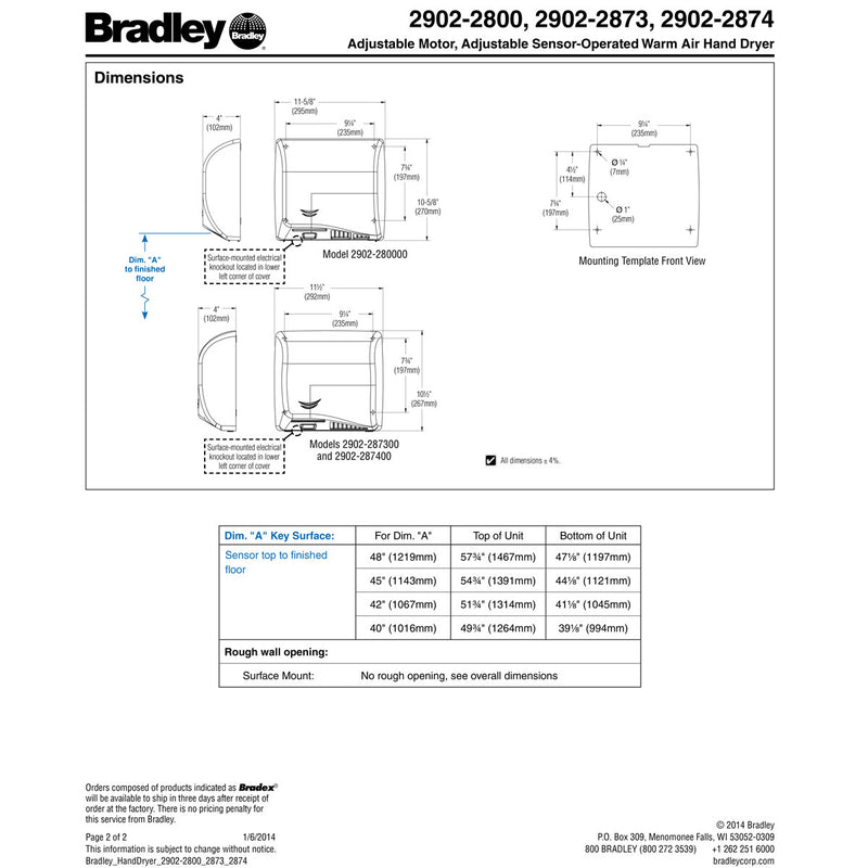 Bradley 2902-2874 Automatic High Efficiency Hand Dryer, 110-120/208/220-240 Volt, Surface-Mounted, Stainless Steel