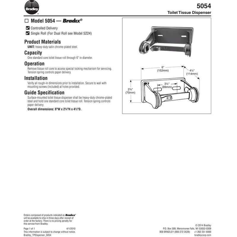 Bradley 5054 Commercial Toilet Paper Dispenser, Recessed-Mounted, Zinc w/ Nickel Finish