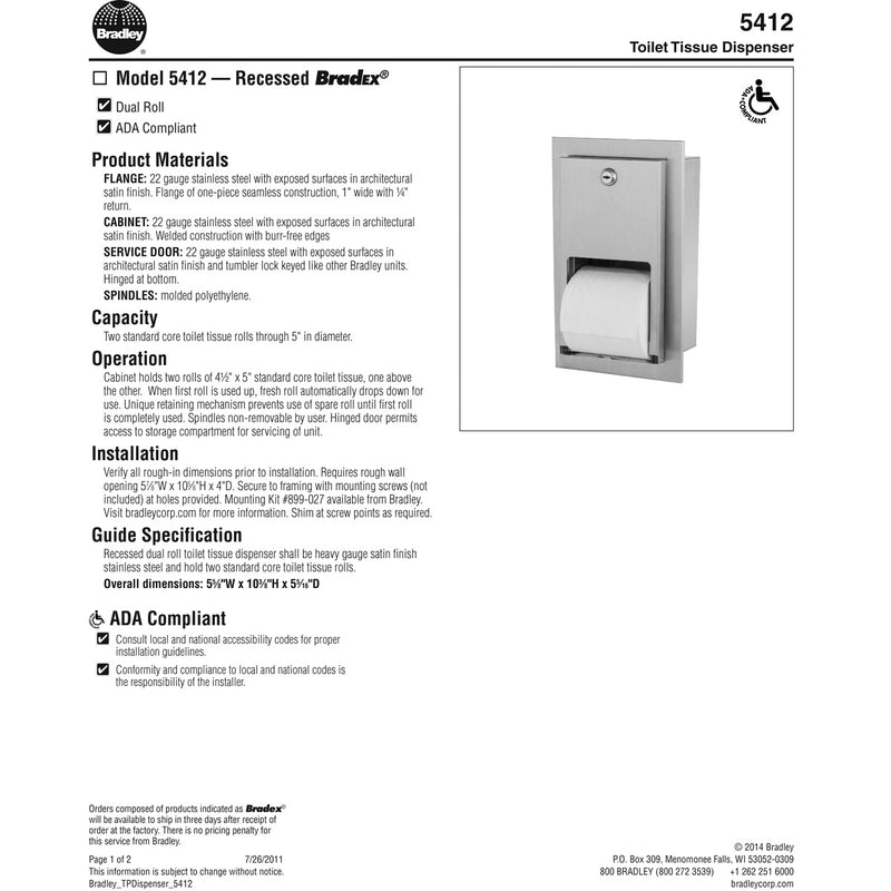 Bradley 5412-00 Commercial Toilet Paper Dispenser, Recessed-Mounted, Stainless Steel w/ Satin Finish