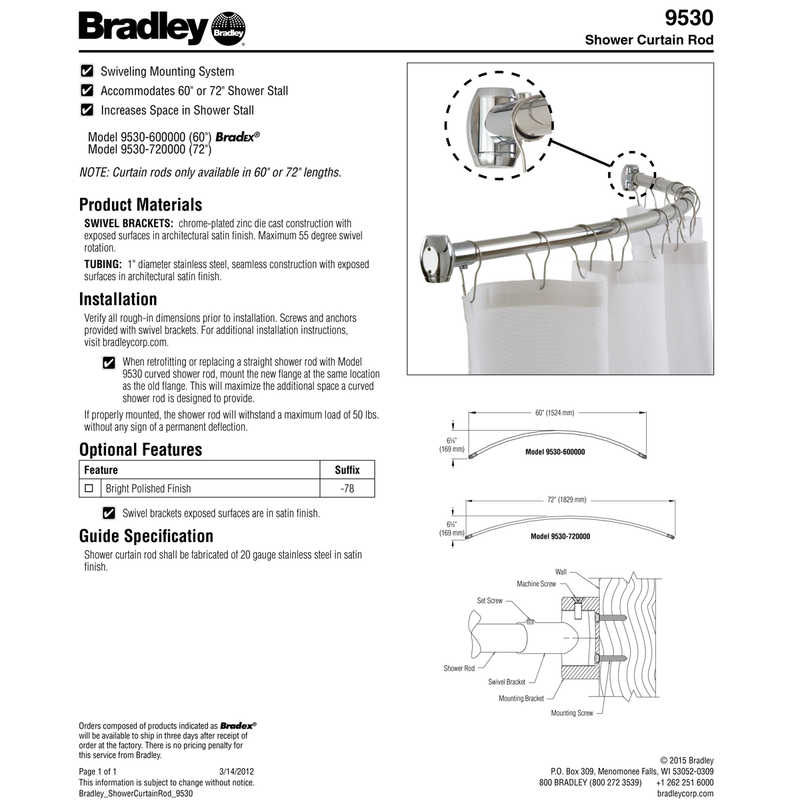 Bradley 9530-720000 Curved Stainless Steel Shower Rod, 72" Length, Stainless Steel