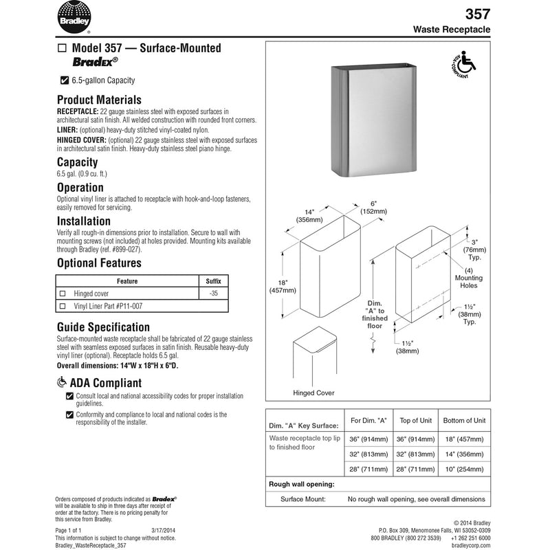 Bradley 357-00 Commercial Restroom Waste Receptacle, 6.5 Gallon, Surface-Mounted, 14" W x 18" H, 6" D, Stainless Steel