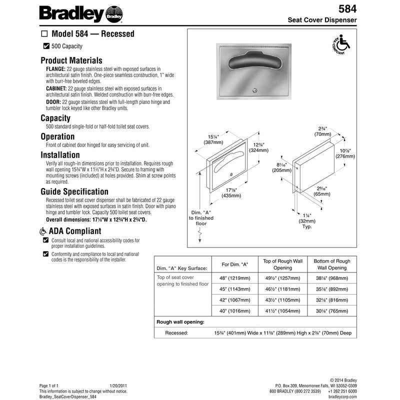 Bradley BX-Seat Cover Dispenser, Recessed Mounting (Straight Opening, No Longer "Hanger Type"), 584-00
