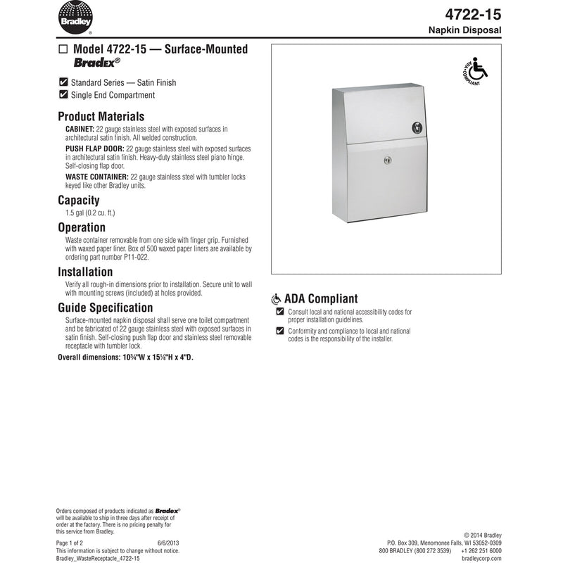 Bradley BX 4722-150000 Commercial Restroom Sanitary Napkin Disposal, Surface-Mounted, Stainless Steel