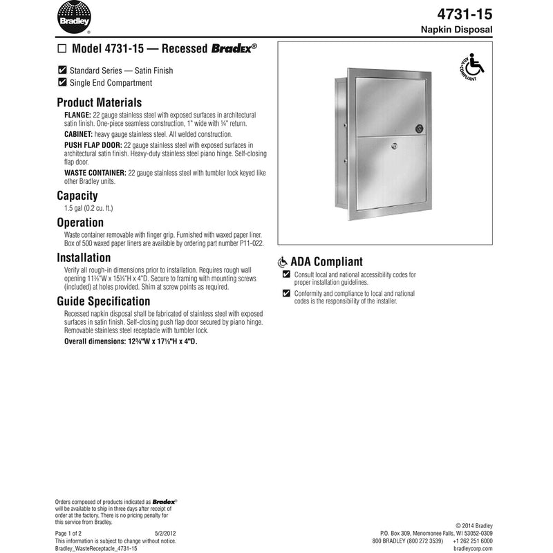 Bradley BX 4731-150000 Commercial Restroom Sanitary Napkin Disposal, Recessed-Mount, Stainless Steel