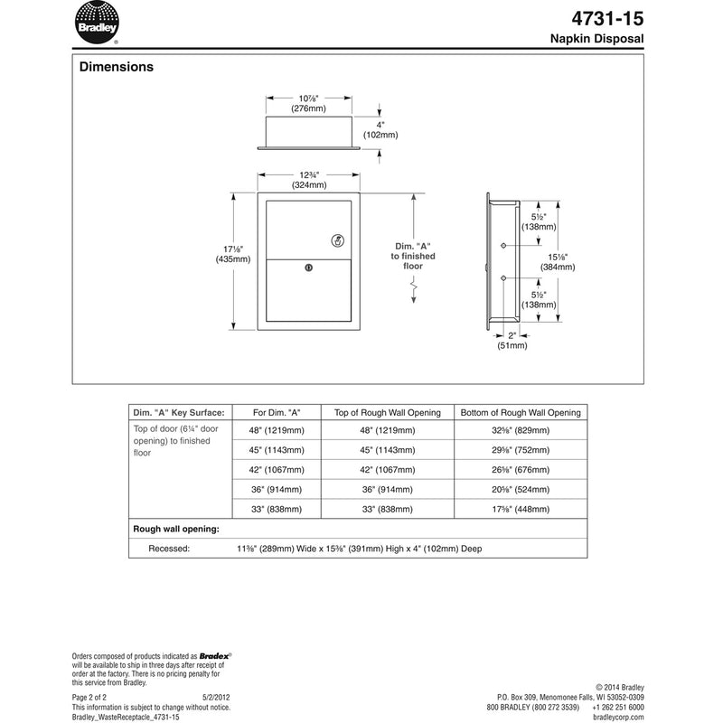 BX 4731-150000 Commercial Restroom Sanitary Napkin Disposal, Recessed-Mount, Stainless Steel