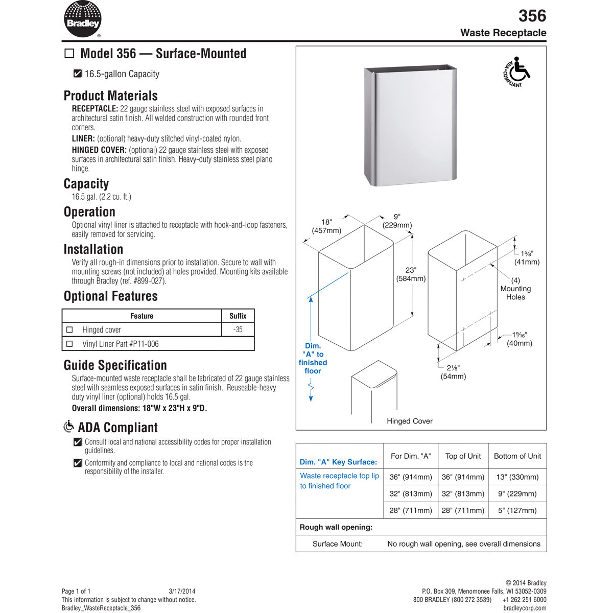 Bradley 356-00 Commercial Restroom Waste Receptacle, 16.5 Gallon, Surface-Mounted, 18