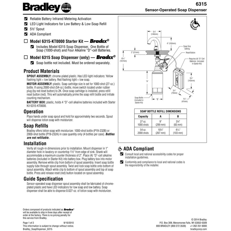 Bradley 6315-00 Touchless Soap Dispenser, Countertop Mounted, Automatic