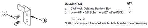 Bradley HDWT-S0013 Toilet Partition Coat Hook Out-Swing Kit for use with Bradley 1