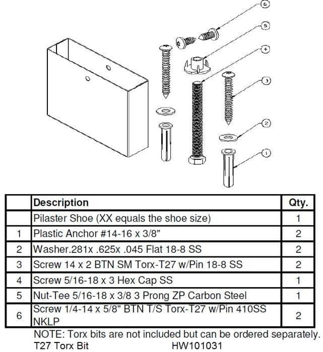 Bradley HDWT-S0526-04 Toilet Partition Floor Mounted Over Head Braced Pilaster Shoe and Mounting Kit, 4" for Bradley 1" Panels - TotalRestroom.com