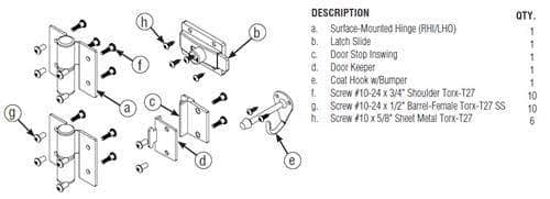 Bradley HDWC-SD1-RH Toilet Partition Door Hardware Kit, Right-Hinge, In-Swing for use with Bradley 1/2" Panels - TotalRestroom.com