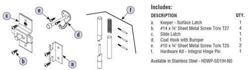 Bradley HDWP-SD1IH-NS Toilet Partition No Site Door Hardware Kit, In-Swing for use with Bradley 1" Panels - TotalRestroom.com