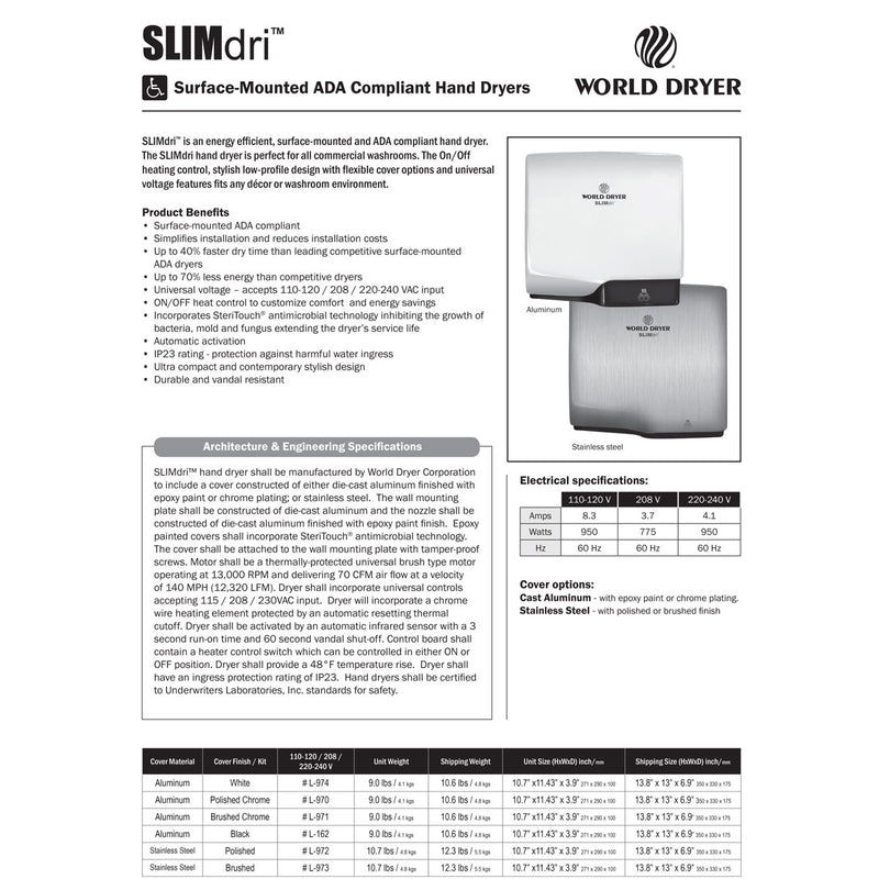 World Dryer SLIMdri(TM) L-974 Hand Dryer, White Aluminum, Universal, Updated Part Number: L-974A
