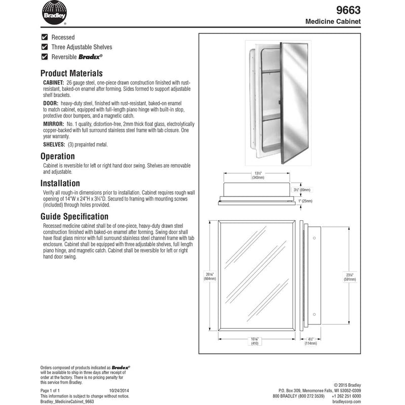 Bradley 9663-000000 Commerical Medicine Cabinet, 16" W x 26" H, Recessed-Mounted, Steel White Epoxy