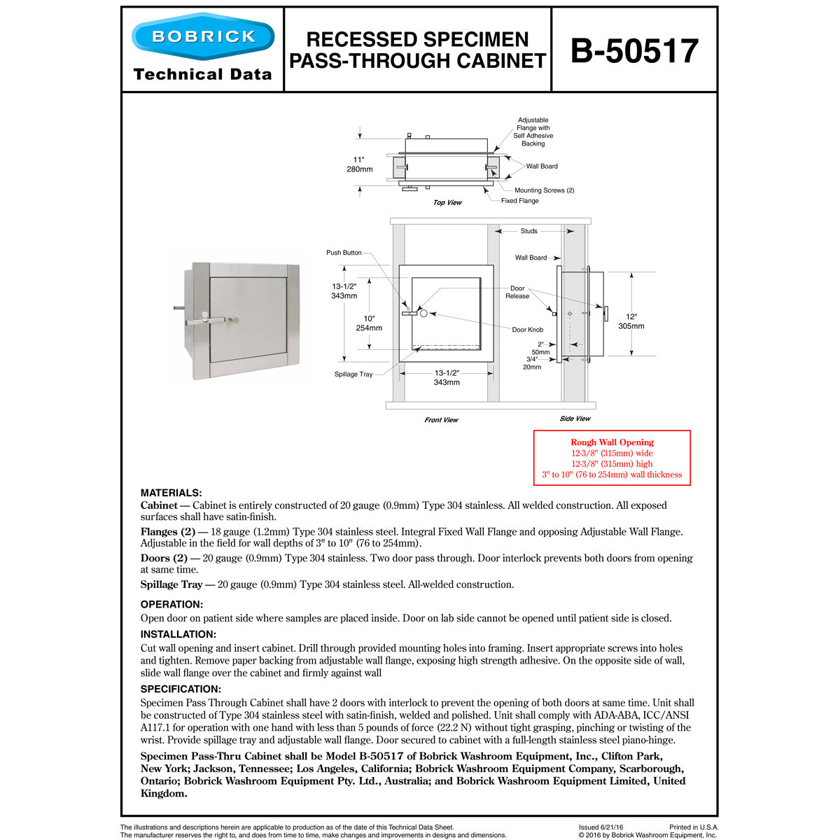 Bobrick B-50517 Commercial Specimen Cabinet, Recessed-Mounted, Stainless Steel