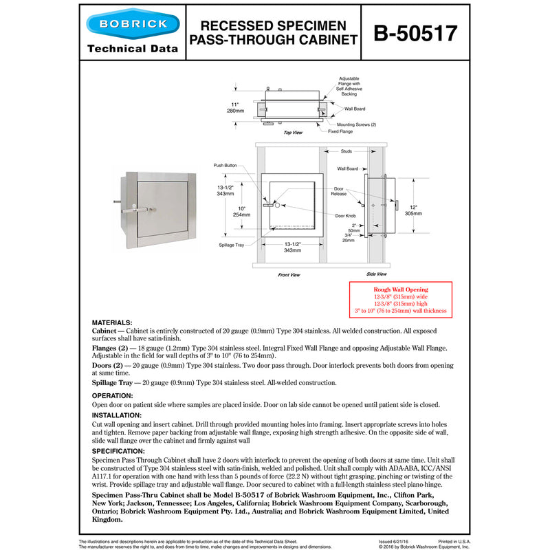 Bobrick B-50517 Commercial Specimen Cabinet, 12-3/8" W x 12-3/8" H x 5-1/2" D, Recessed-Mounted, Stainless Steel