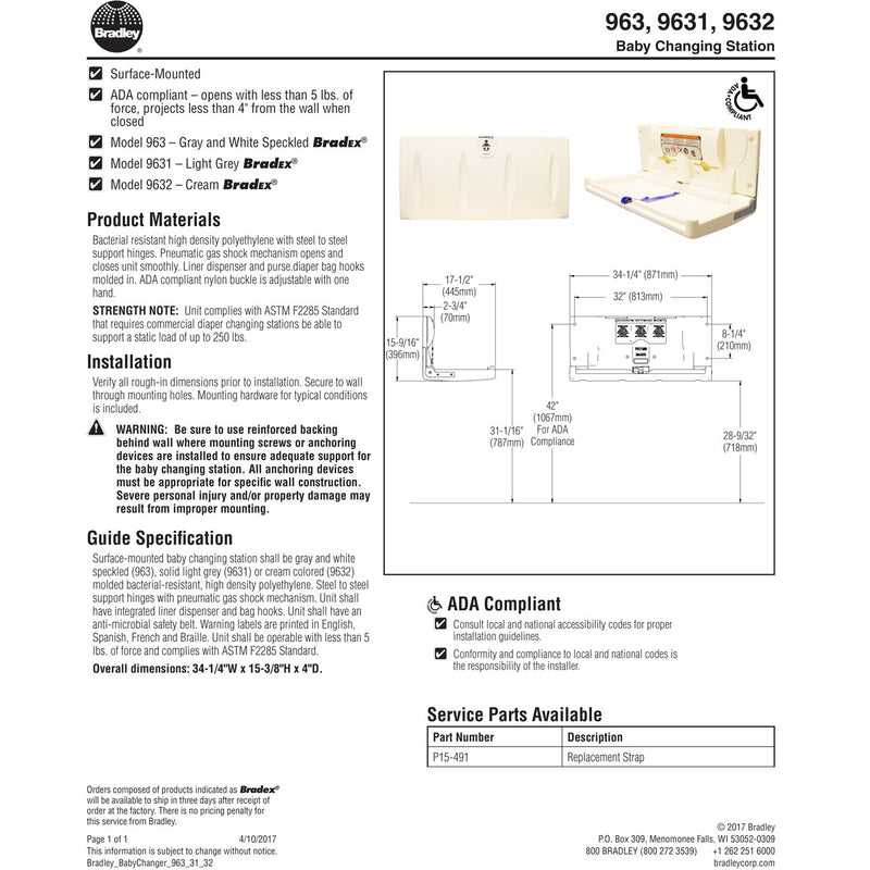 Bradley 963-000000 Baby Changing Station, Surface-Mounted, Plastic