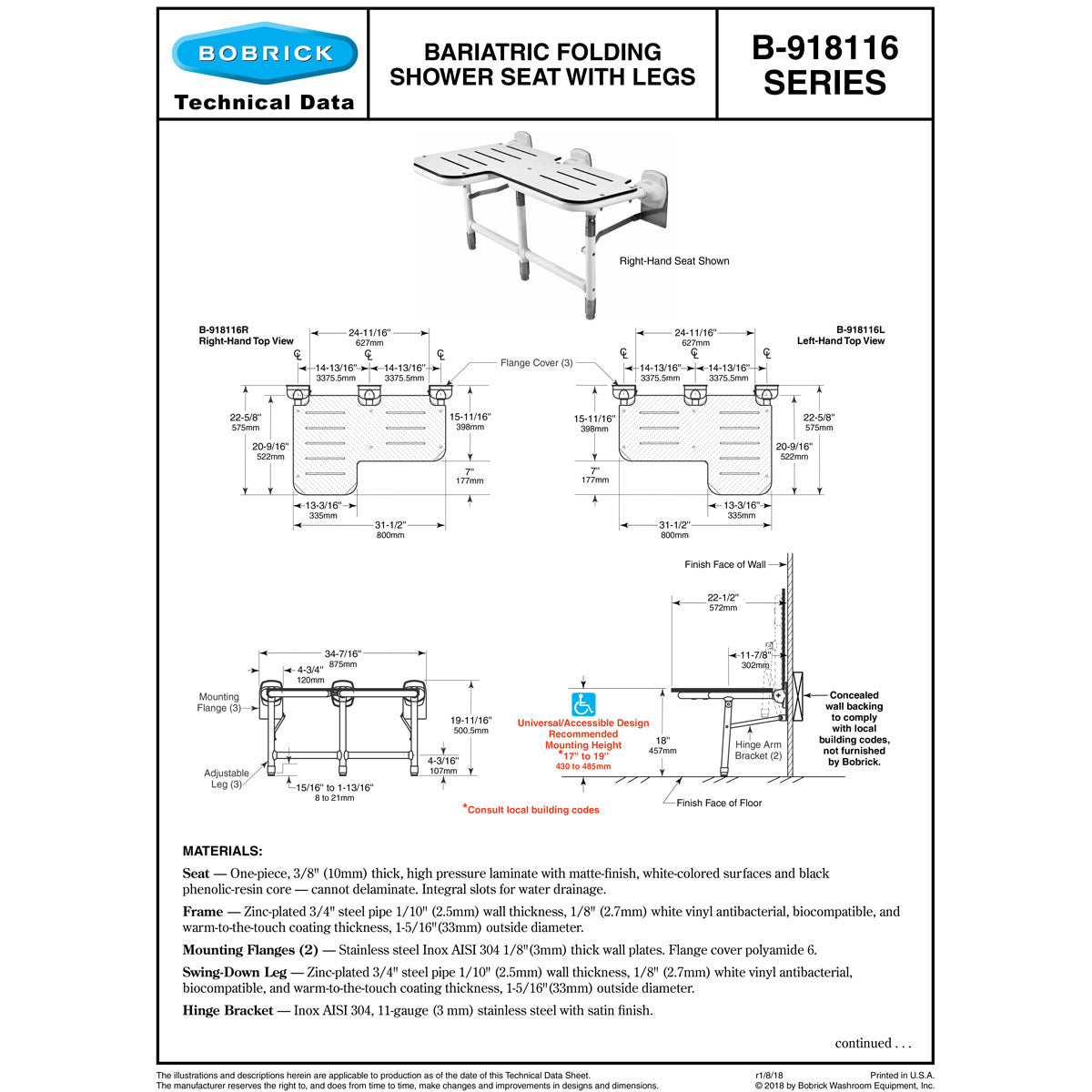 Bobrick B-918116L Bariatric Left-Handed Folding Shower Seat, 1102 lb Load Capacity, Phenolic