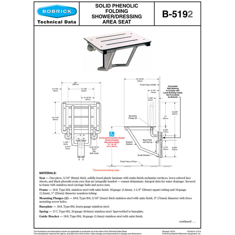 Bobrick B-5192 Commercial Folding Shower Seat, 500 lb Load Capacity, Phenolic