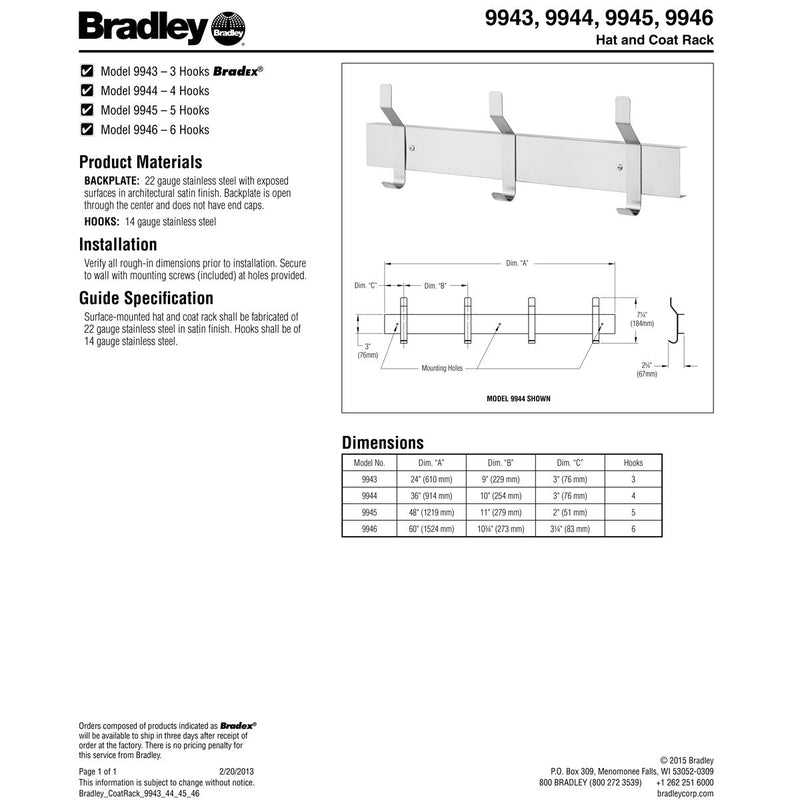 Bradley 9943-00 Coat Rack, 24" W x 3" H, Stainless Steel
