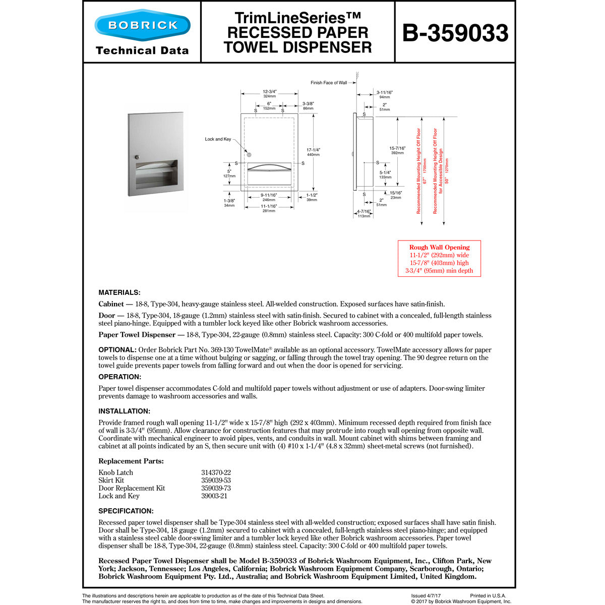 Bobrick B-359033 Commercial Paper Towel Dispenser, Recessed-Mounted, Stainless Steel