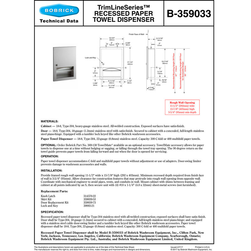 Bobrick B-359033 Commercial Paper Towel Dispenser, Recessed-Mounted, Stainless Steel