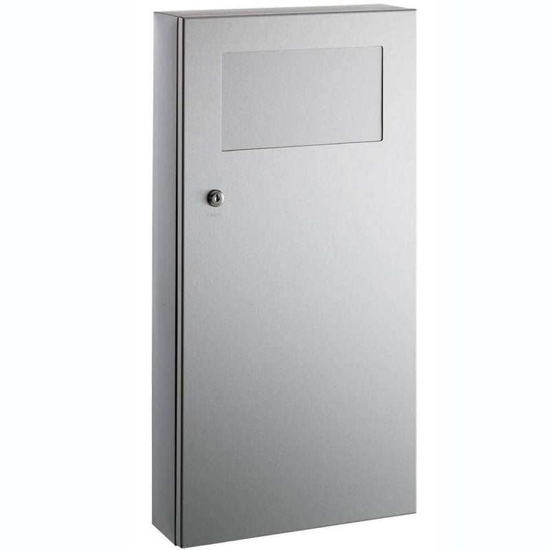 Bobrick B-35639 Commercial Restroom Sanitary Waste Bin, 11 L, Surface-Mounted, 14-3/16" W x 28-3/16" H, 4-1/2" D, Stainless Steel - TotalRestroom.com