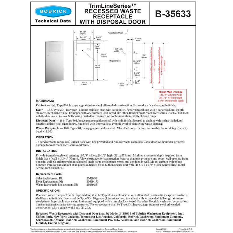 Bobrick B-35633 Commercial Restroom Sanitary Waste Bin, 11 L, Recessed-Mounted, 14-1/8" W x 28-1/8" H, 4-7/16" D, Stainless Steel