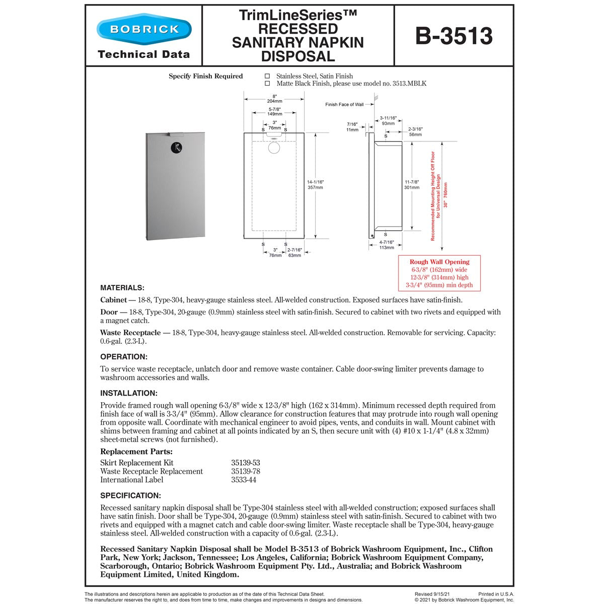 Bobrick B-3513.MBLK Matte Black Sanitary Napkin Disposal