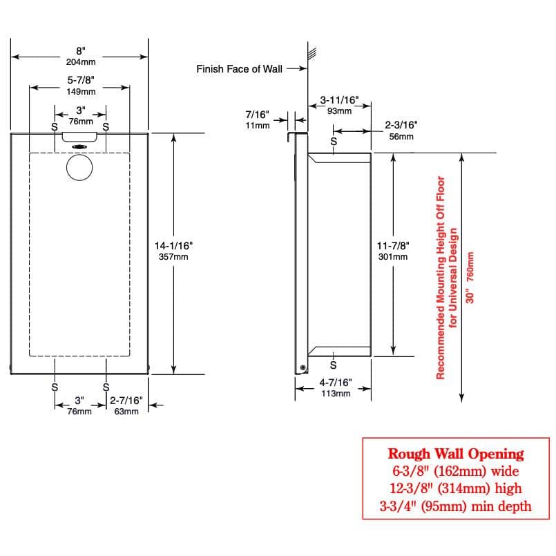 Bobrick B-3513 Commercial Restroom Sanitary Waste Bin, 2.3 L, Recessed-Mounted, 8-1/16
