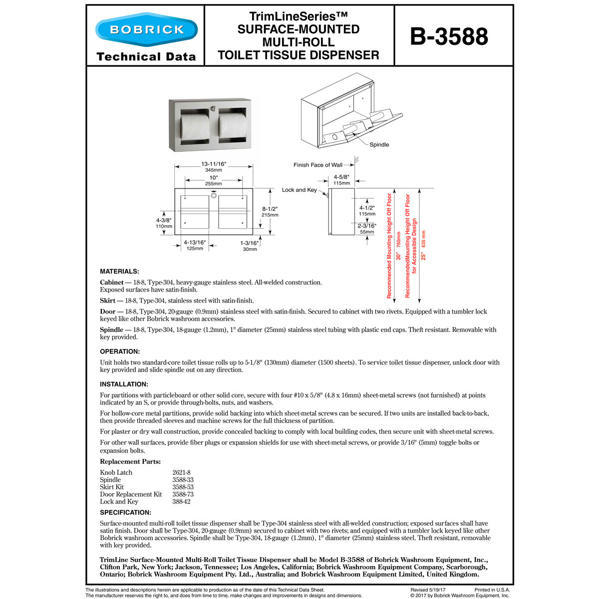 Bobrick B-3588 Commercial Toilet Paper Dispenser, Surface-Mounted, Metal