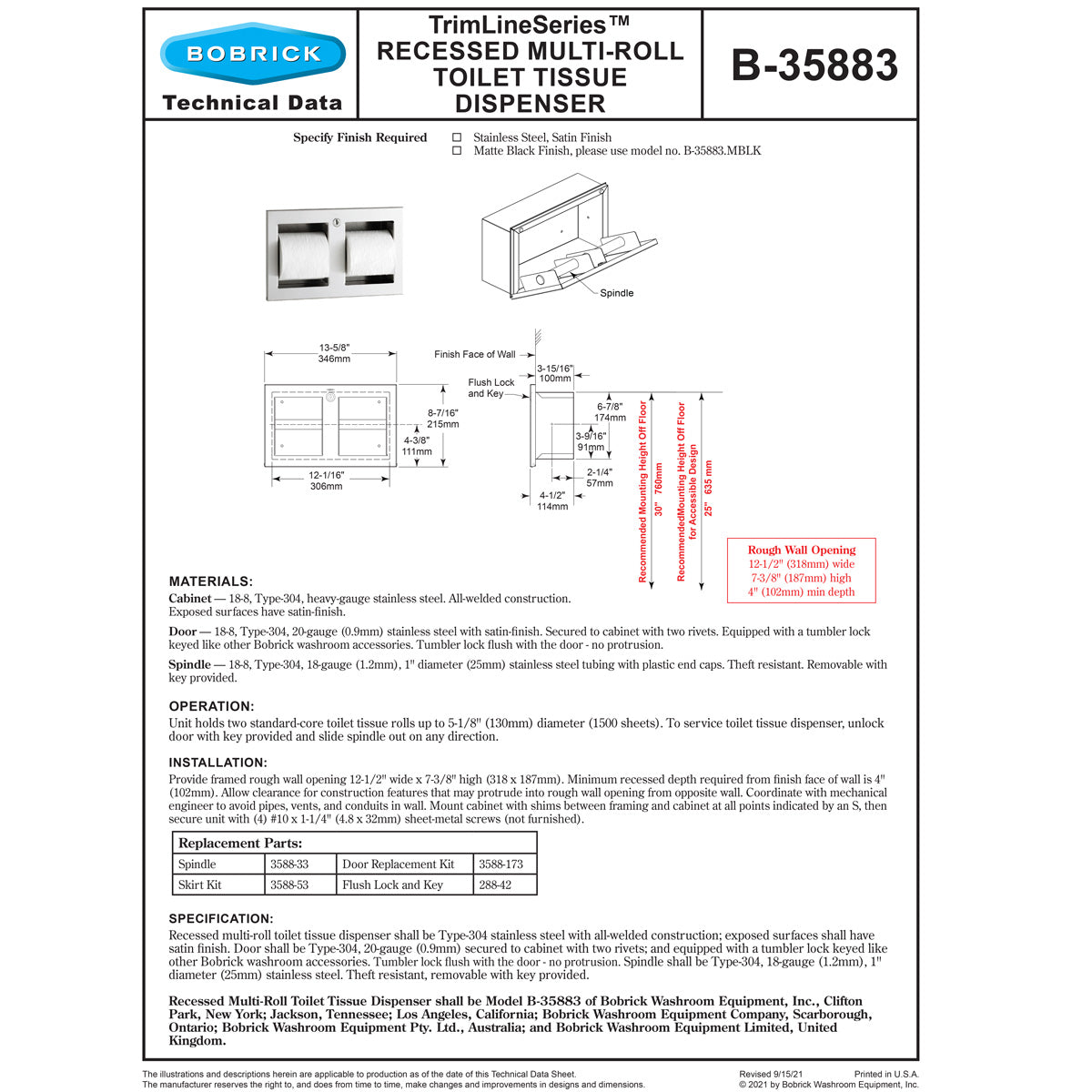 Bobrick B-35833 Commercial Multi-Roll Toilet Tissue Dispenser, Recessed, Metal