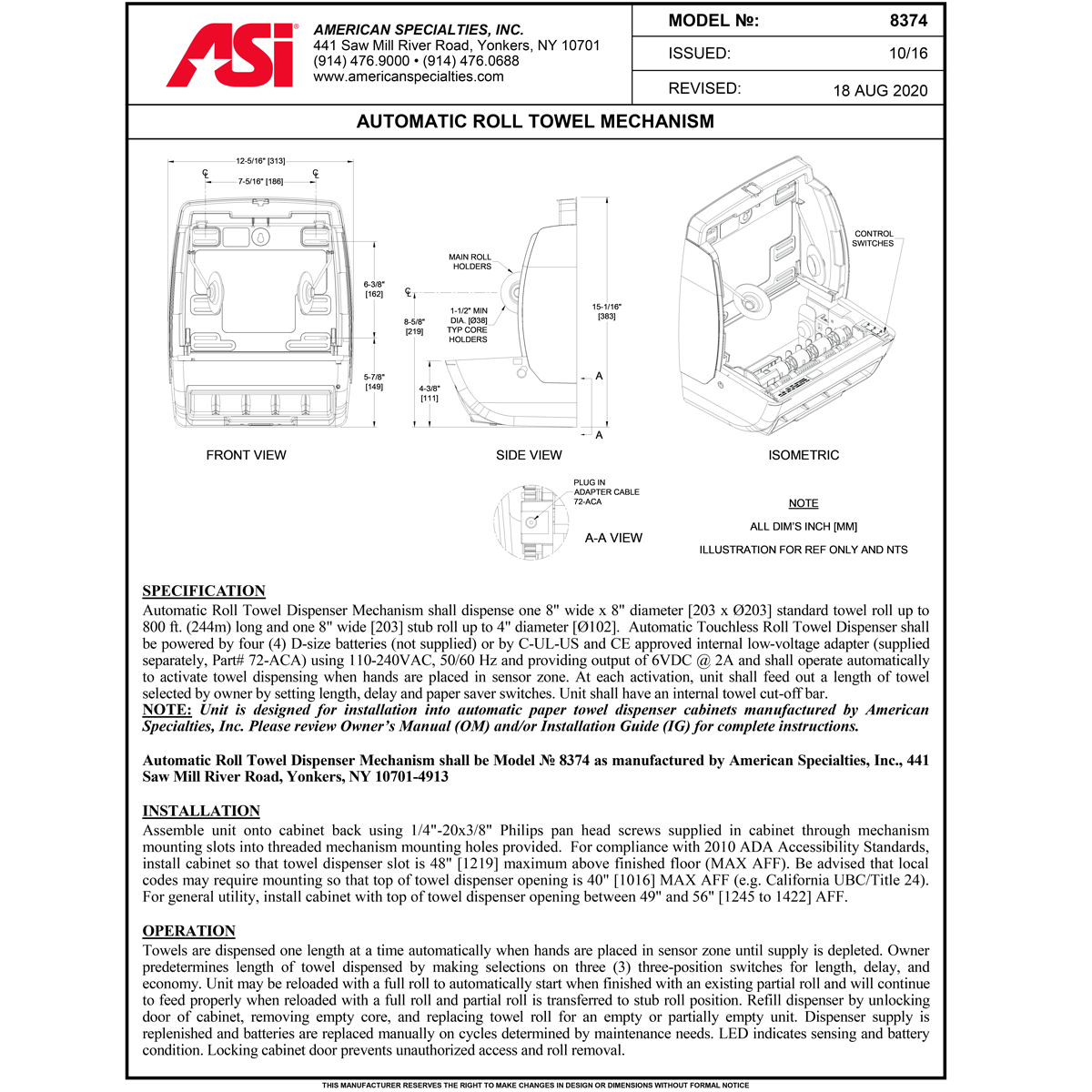 ASI American Specialties 8374 Automatic Roll Towel Dispenser