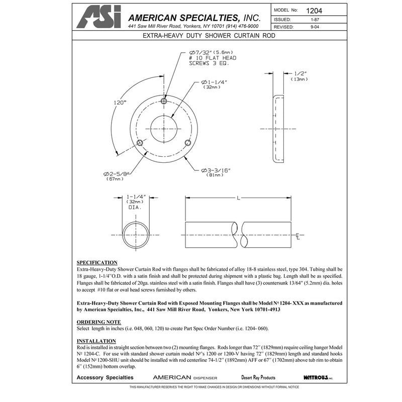 ASI 1204-84 Shower Curtain Rod , 1-1/4" Diameter x 82" Length, Stainless Steel