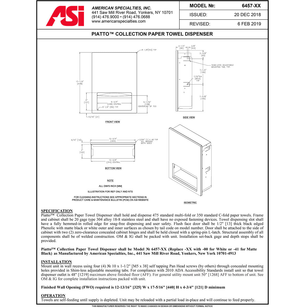 ASI 6457-41 Piatto Recessed Paper Towel Dispenser, Black Phenolic Door