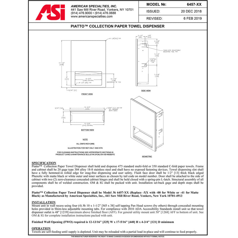 ASI 6457-41 Piatto Recessed Paper Towel Dispenser, Black Phenolic Door