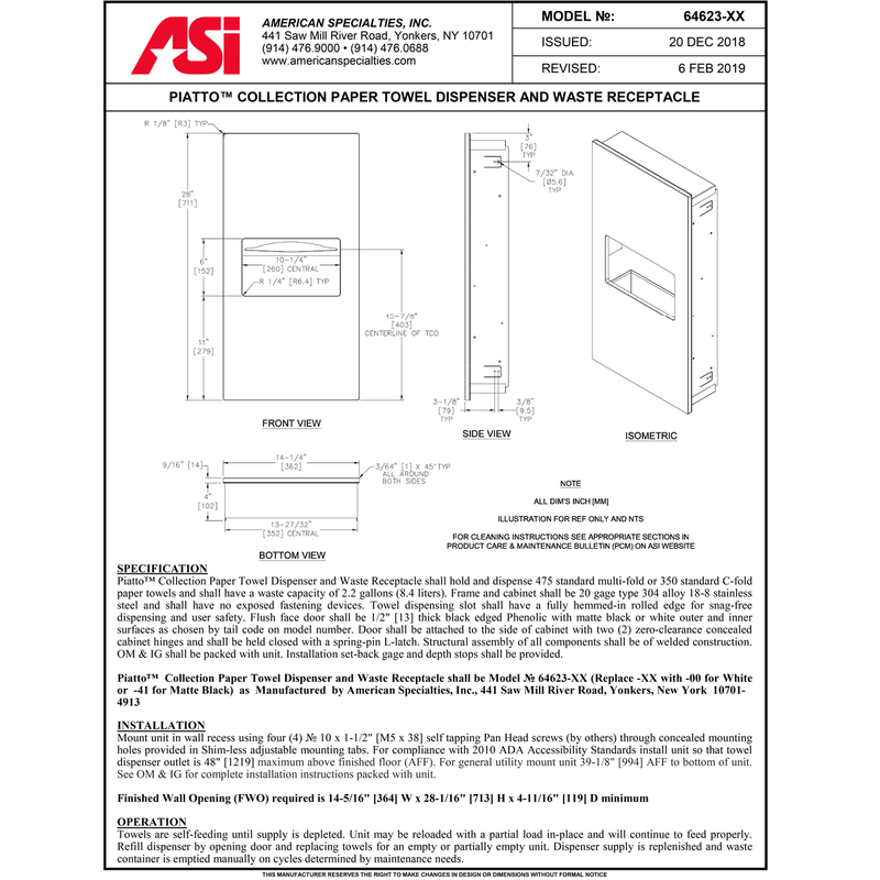 ASI 64623-00 Piatto Recessed Paper Towel Dispenser and Waste Receptacle, White Phenolic Door, 14-1/4" x 28" x 4-9/16"