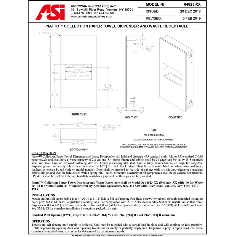 ASI 64623-41 Piatto Recessed Paper Towel Dispenser and Waste Receptacle, Black Phenolic Door, 14-1/4" x 28" x 4-9/16"