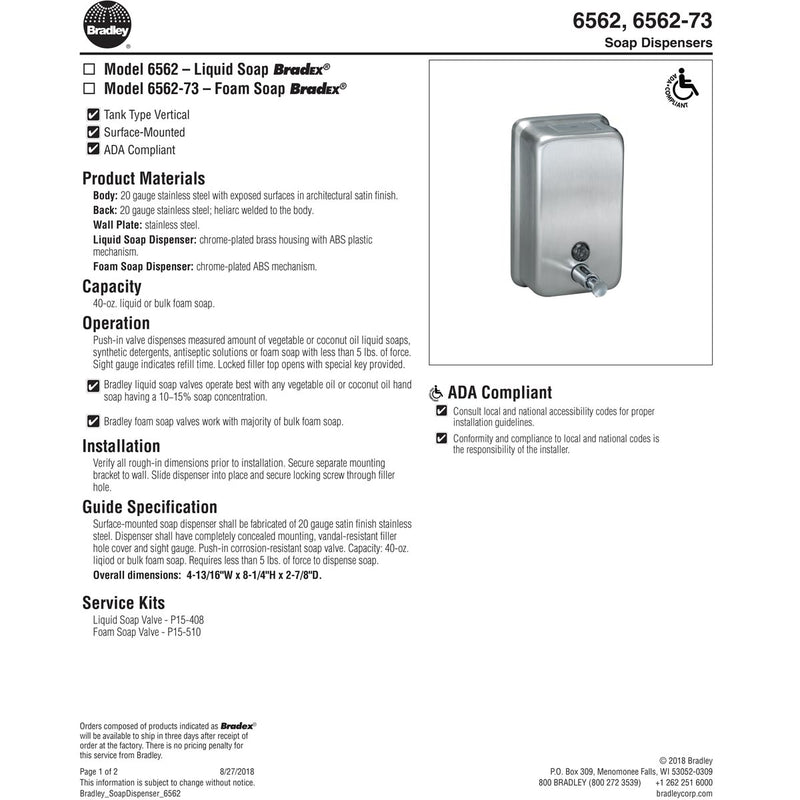 Bradley 6562-730000 Commercial Foam Soap Dispenser, Surface-Mounted, Manual-Push, Stainless Steel - 40 Oz