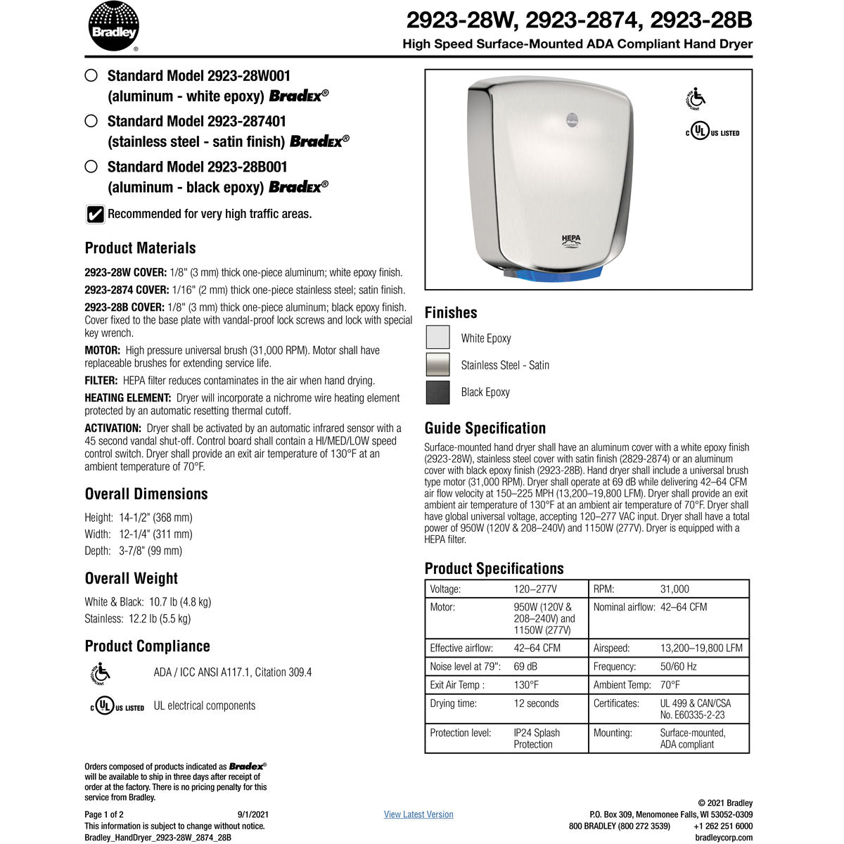 Bradley 2923-287401 Aerix High Speed Surface-Mounted ADA Hand Dryer, Stainless Steel