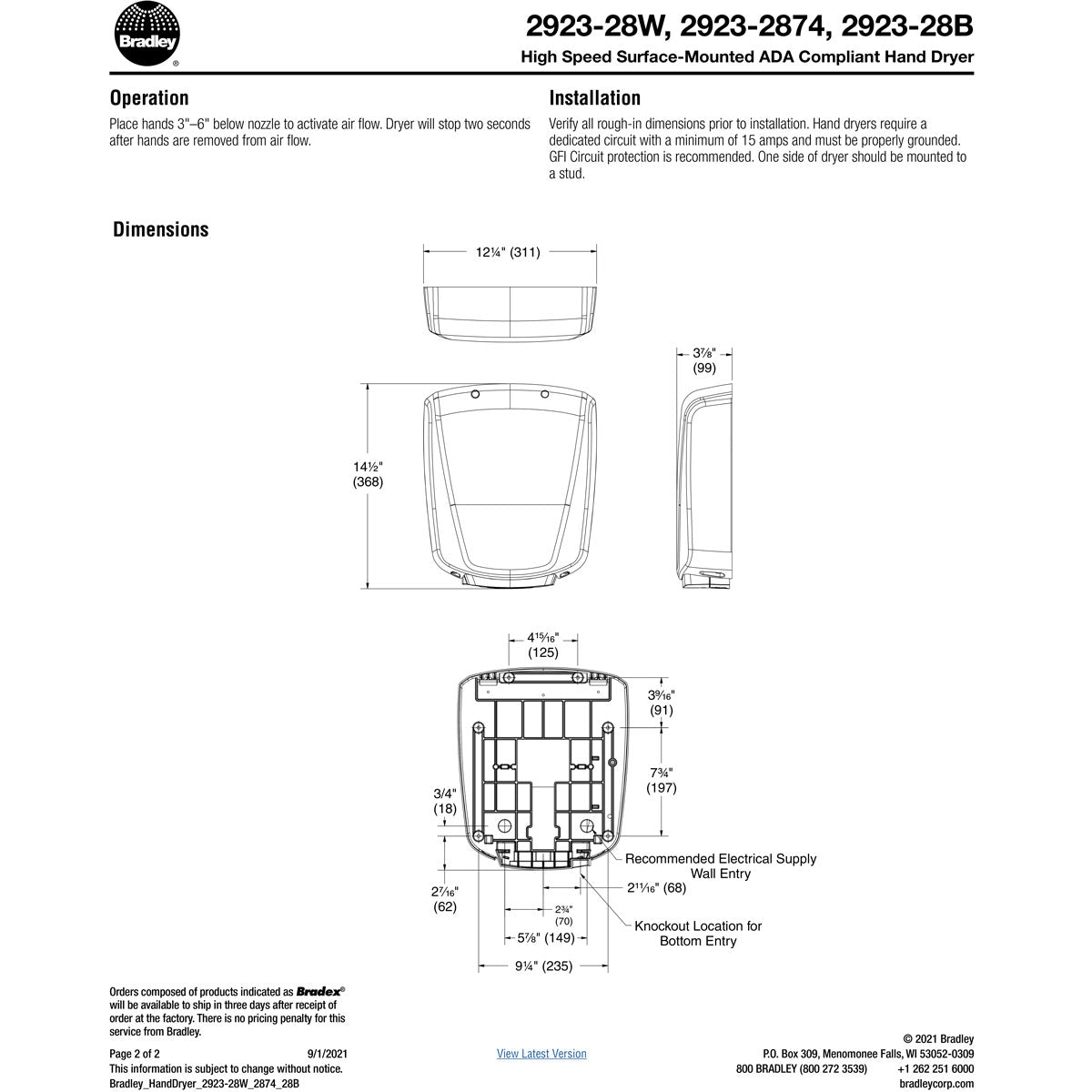 Bradley 2923-287401 Aerix High Speed Surface-Mounted ADA Hand Dryer, Stainless Steel