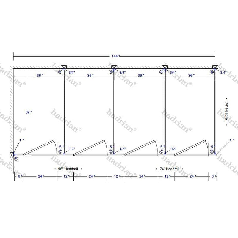 Hadrian Toilet Partition, 4 In Corner Compartments, Plastic, 144"W x 61-1/4"D - IC43660-PL-HADRIAN - TotalRestroom.com
