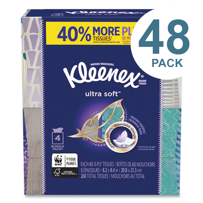 Kleenex Ultra Soft Facial Tissue, 3-Ply, White, 8.75 X 4.5, 65 Sheets/Box, 4 Boxes/Pack, 12 Packs/Carton - KCC50173CT