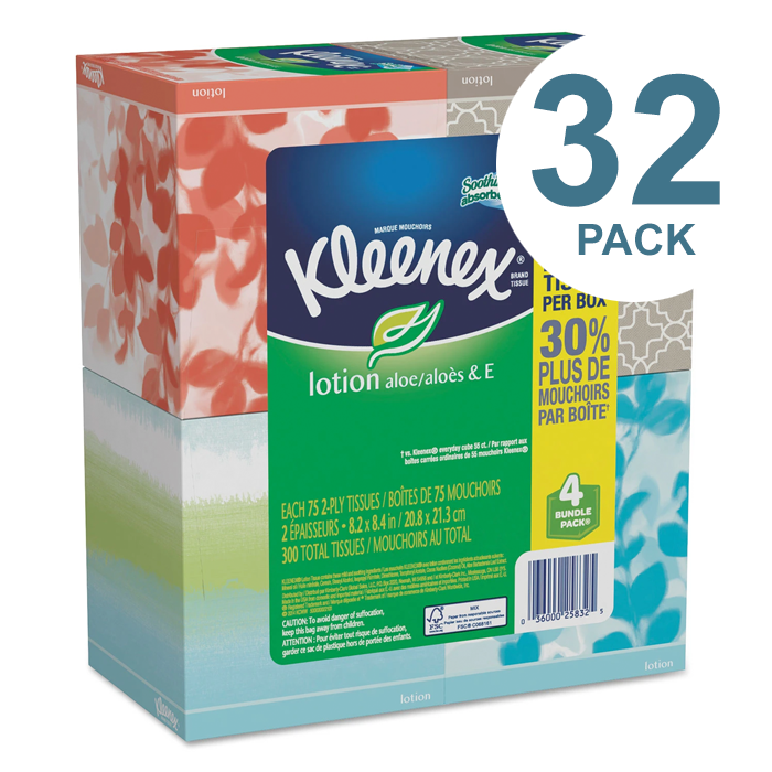 Kleenex Lotion Facial Tissue, 2-Ply, White, 65 Sheets/Box, 4 Boxes/Pack, 8 Packs/Carton - KCC50174CT