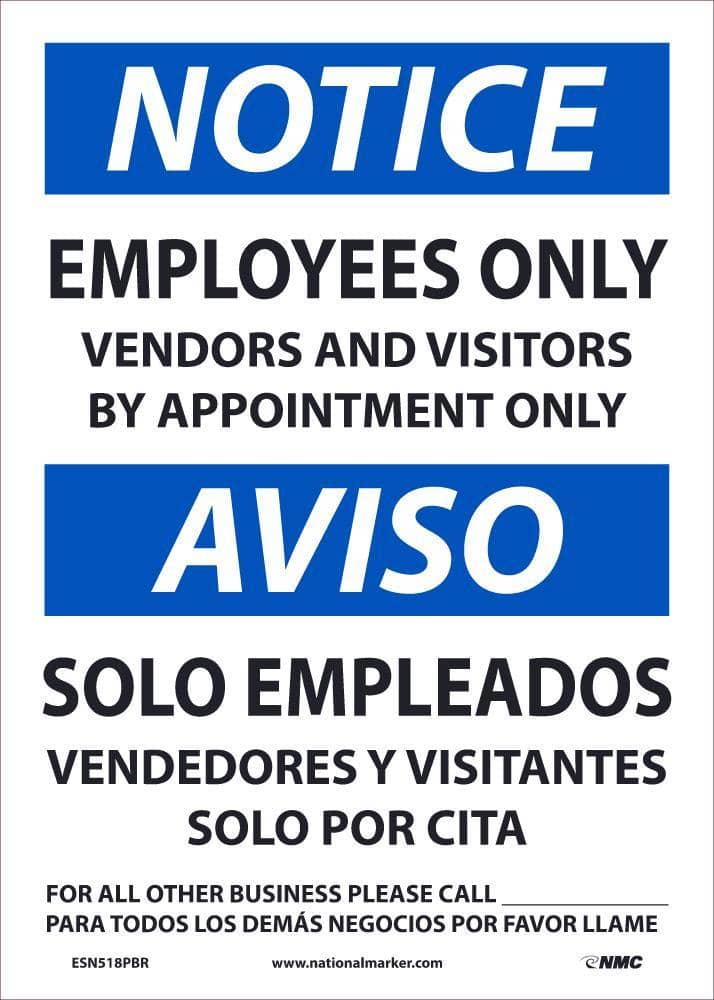 NMC NOTICE EMPLOYEES ONLY BILINGUAL, 14X10, REMOVABLE PS VINLY - ESN518PBR - TotalRestroom.com
