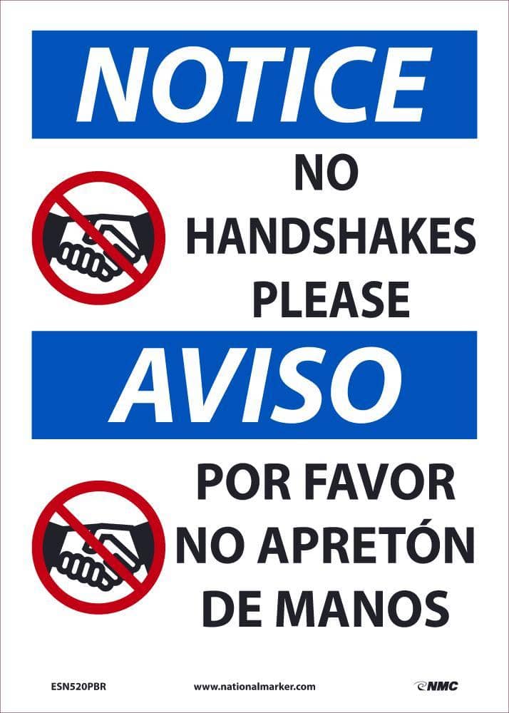 NMC NOTICE NO HANDSHAKES PLEASE, 14X10 REMOVABLE PRESSURE SENSITIVE VINYL - ESN520PBR - TotalRestroom.com